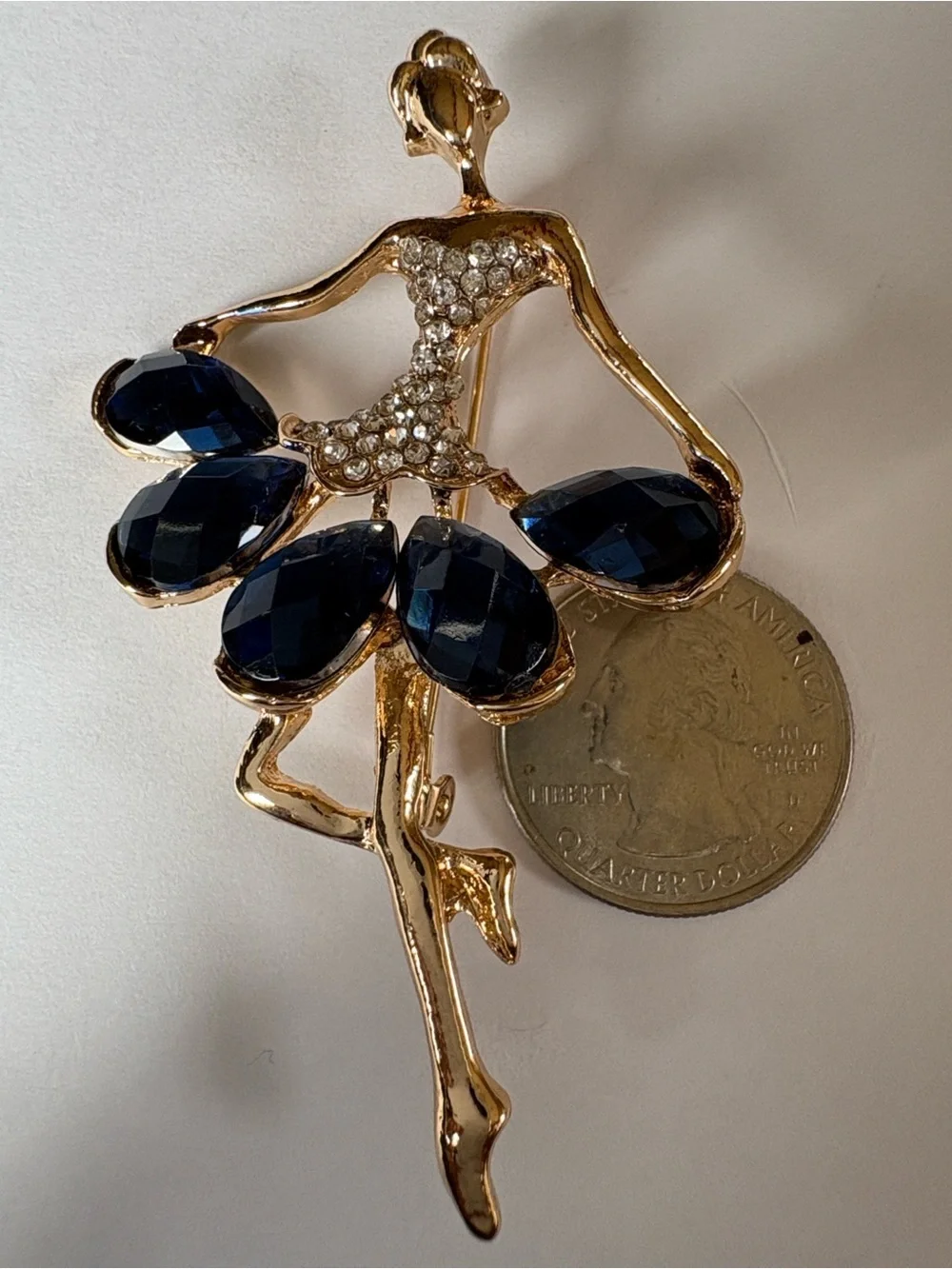 Gold-Tone Ballerina Brooch with Navy Crystal Accents